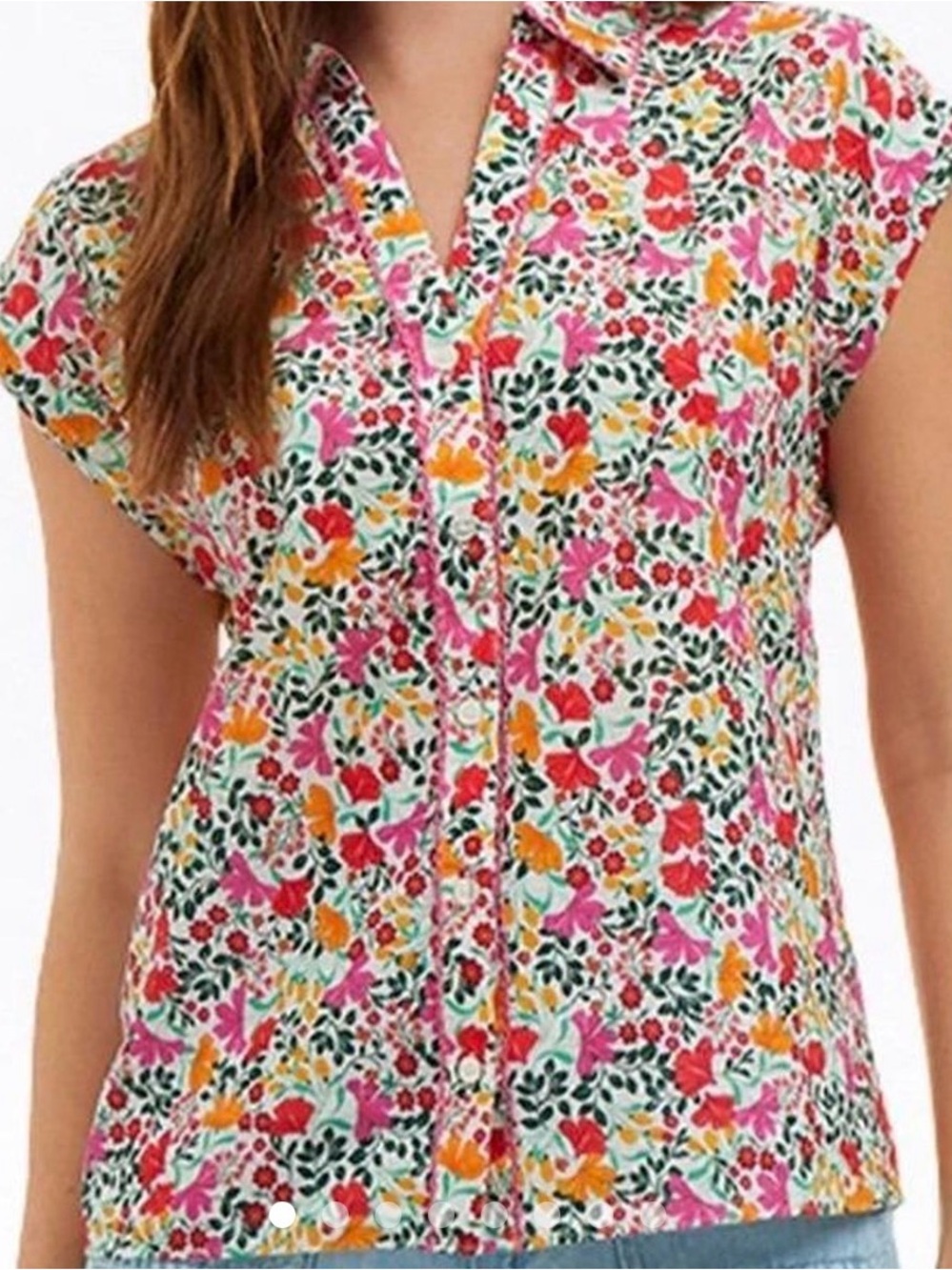 Draper James Pink Orange Floral Button-Front Cap Sleeve Top